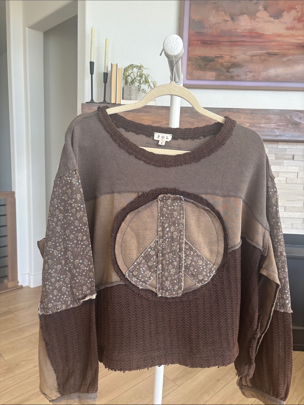 POL Brown Patchwork Peace Sign Crewneck Sweater